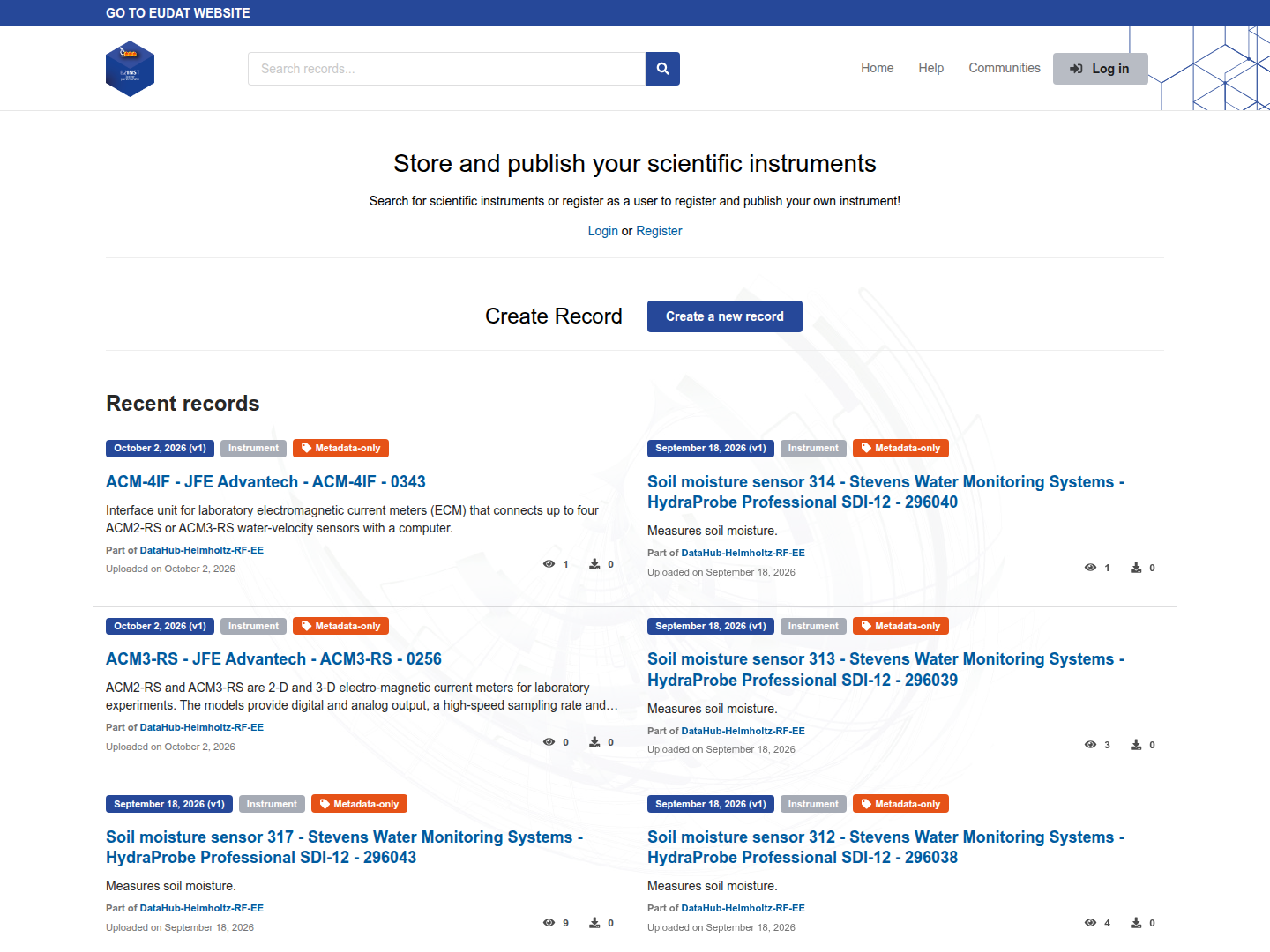 B2INST home page with the search box, new-record button, and recent instrument records