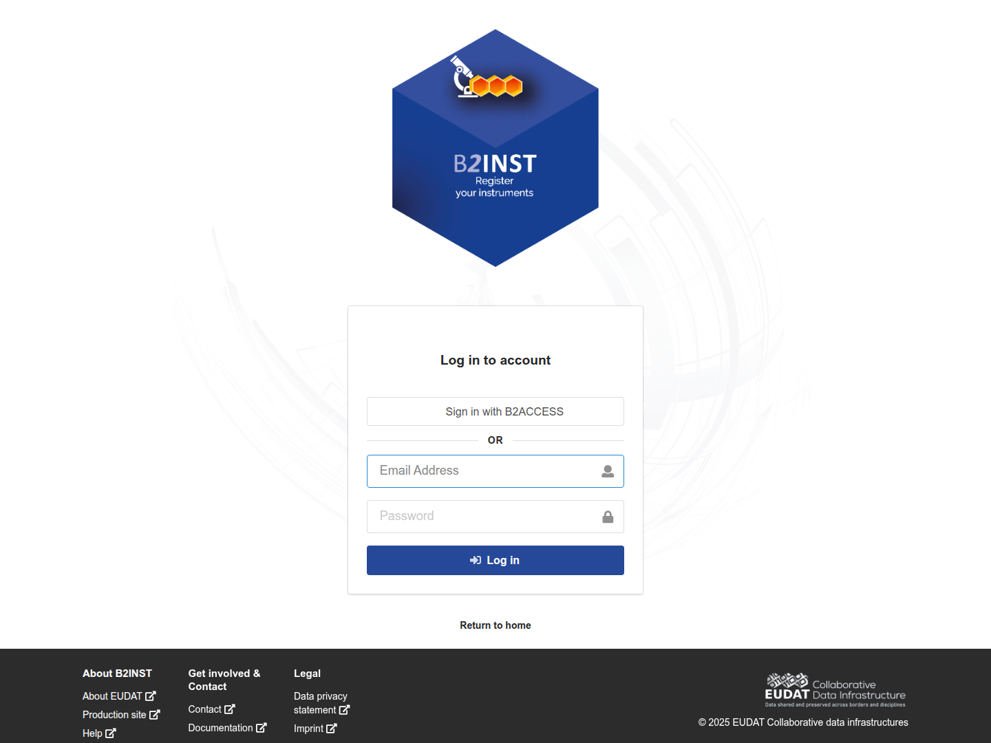 B2INST login page offering B2ACCESS and local email-and-password authentication