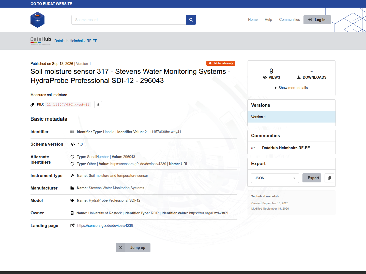 Published B2INST instrument record showing its Handle, metadata, versions, and community