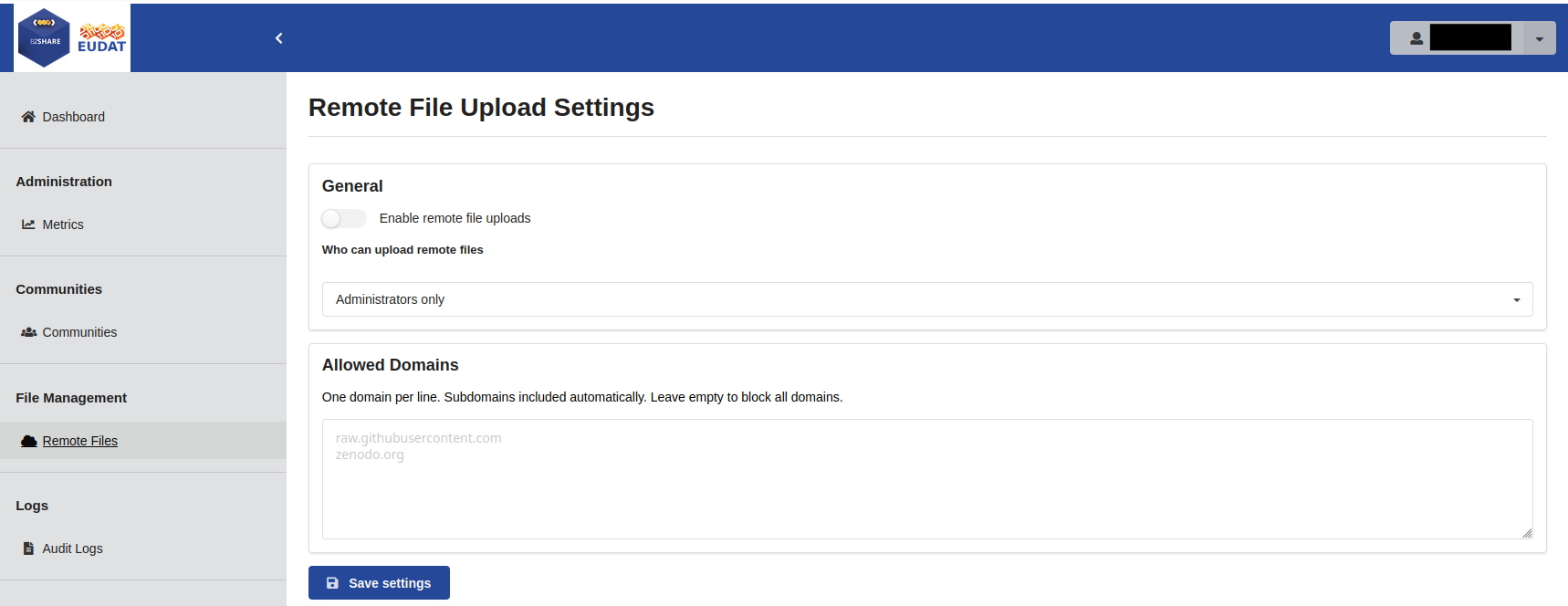 Admin panel — remote file settings