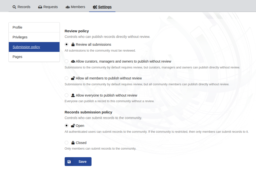 Submission Policy settings menu